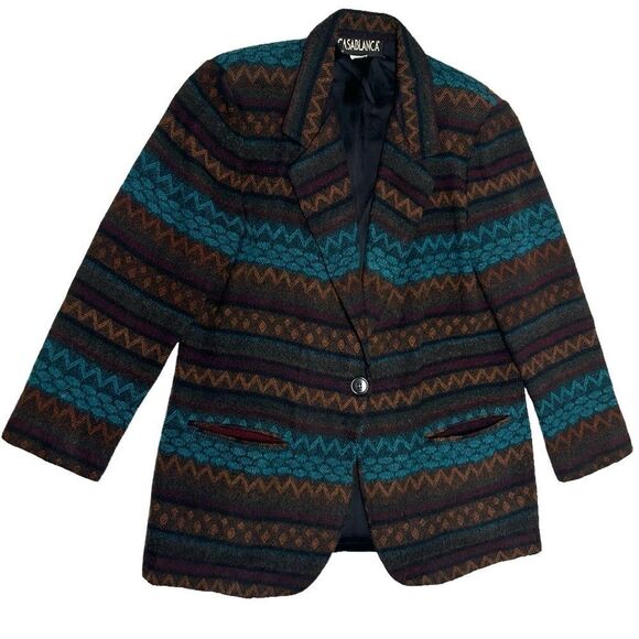 Vintage CASABLANCA Blue and Orange Patterned Blazer Fabric Striped Jacket Coat - Picture 1 of 9